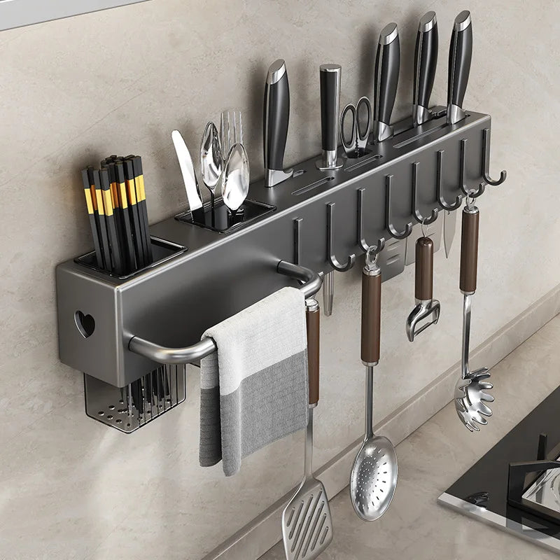 Grey 30/40cm Household Organizer Rack Wall Mounted Knife Holder Kitchen Storage Shelving Units Tableware Shelf With Towel Hanger
