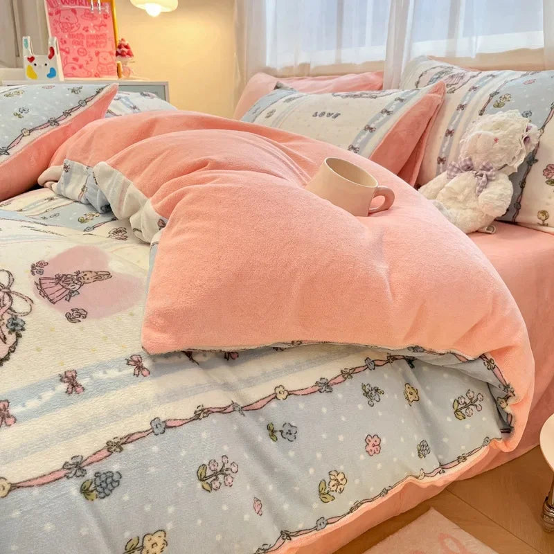 Autumn Winter Milk Velvet Kawaii Four-piece Bedding Set Thickened Warm Bed Sheet Duvet Quilt Cover Pillowcase King Bedroom Decor