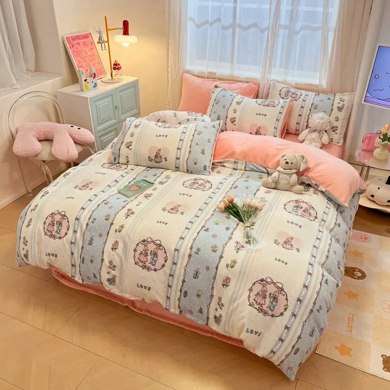 Autumn Winter Milk Velvet Kawaii Four-piece Bedding Set Thickened Warm Bed Sheet Duvet Quilt Cover Pillowcase King Bedroom Decor