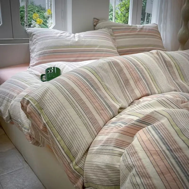 Ins Stripe Color Cotton Bedding Set Twin Full Queen Size Bed Linen Girls Adult Floral Bed Flat Sheet Pillowcase Cream Style