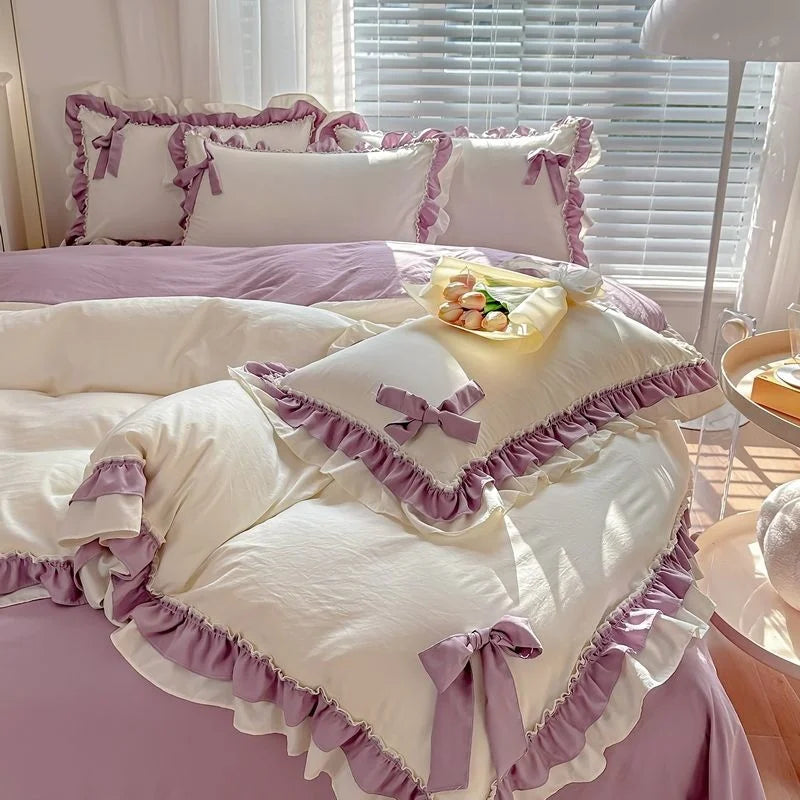 Pink Kawaii Bedding Set, Princess Ruffle Bed Covers, Full Set, Washed Cotton Quilt Cover, Sheet, Pillowcase Decor Bedroom