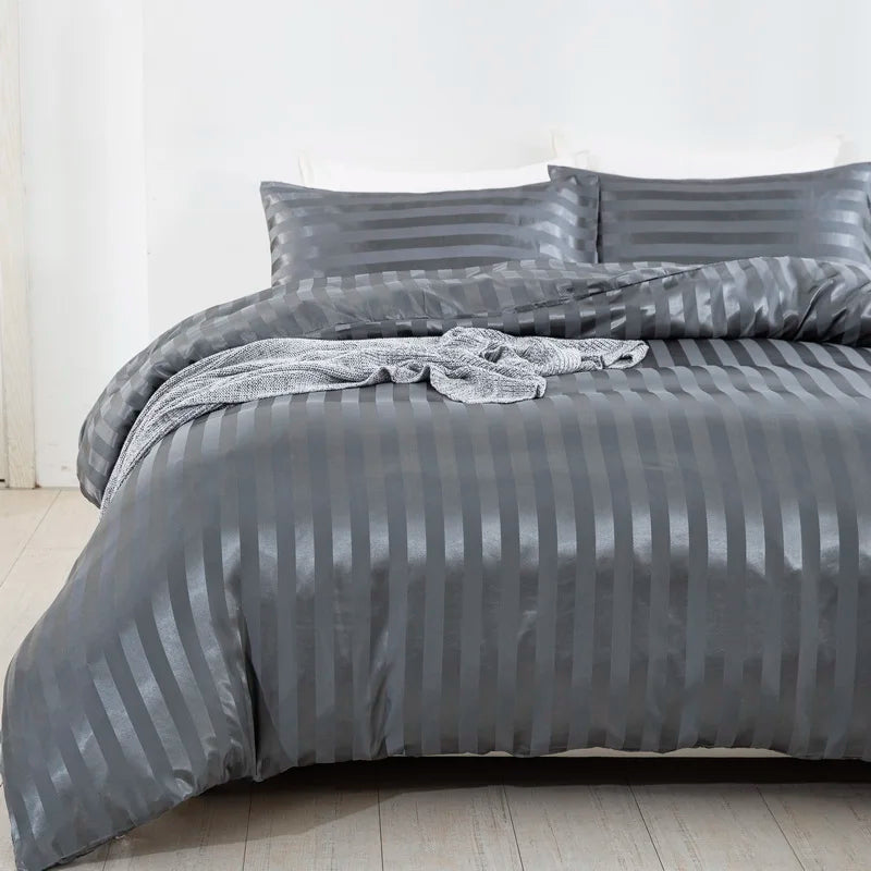 3 Pieces Satin Striped Duvet Cover Full/Queen Size Set,Luxury Silky Like Grey Stripe Duvet Cover Bedding Set with Zipper Closure