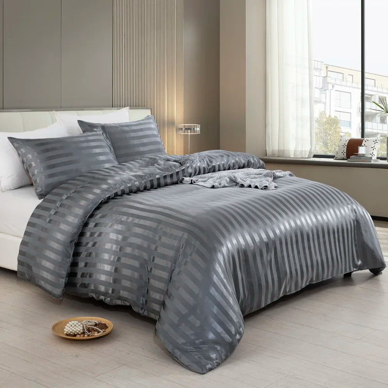 3 Pieces Satin Striped Duvet Cover Full/Queen Size Set,Luxury Silky Like Grey Stripe Duvet Cover Bedding Set with Zipper Closure