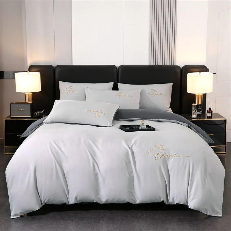 Embroidery Bedding Set High Quality Skin Friendly Quilt Cover Set Solid Color Bed Cover Set Single Double Queen Duvet Cover