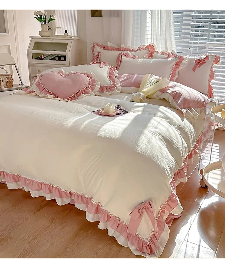 Pink Kawaii Bedding Set, Princess Ruffle Bed Covers, Full Set, Washed Cotton Quilt Cover, Sheet, Pillowcase Decor Bedroom