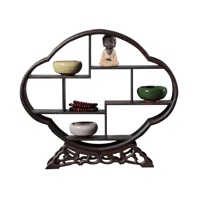 Delicate Solid Wooden Antique Display Frame Multi Patterns Shelf Chinese Style Storage Purple Clay Pot Tea Ornaments Home Decor