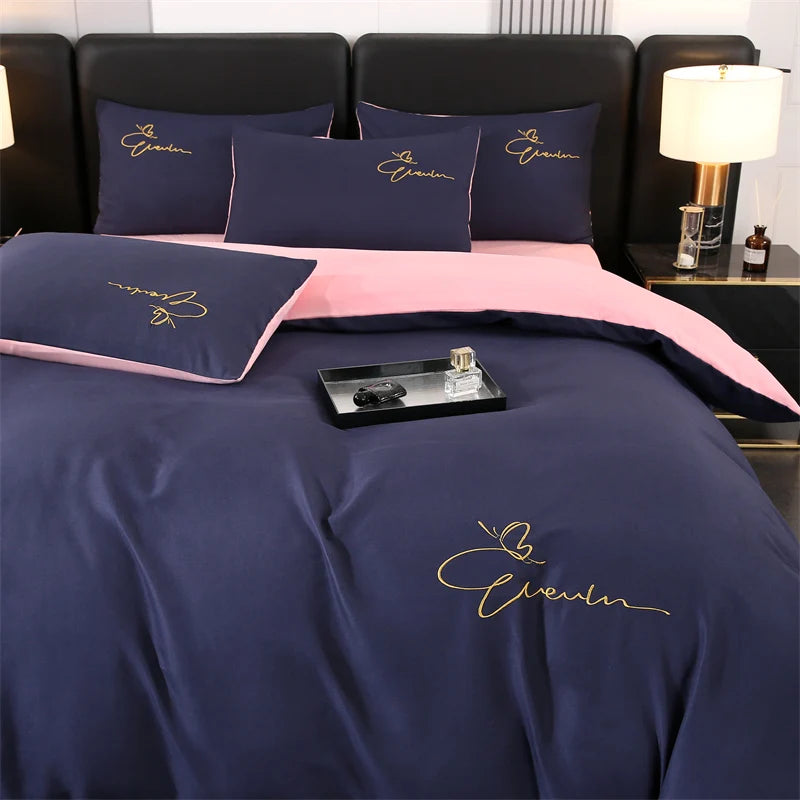 Embroidery Bedding Set High Quality Skin Friendly Quilt Cover Set Solid Color Bed Cover Set Single Double Queen Duvet Cover