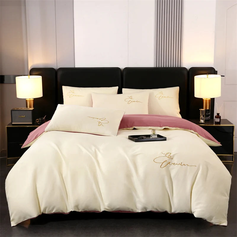 Embroidery Bedding Set High Quality Skin Friendly Quilt Cover Set Solid Color Bed Cover Set Single Double Queen Duvet Cover