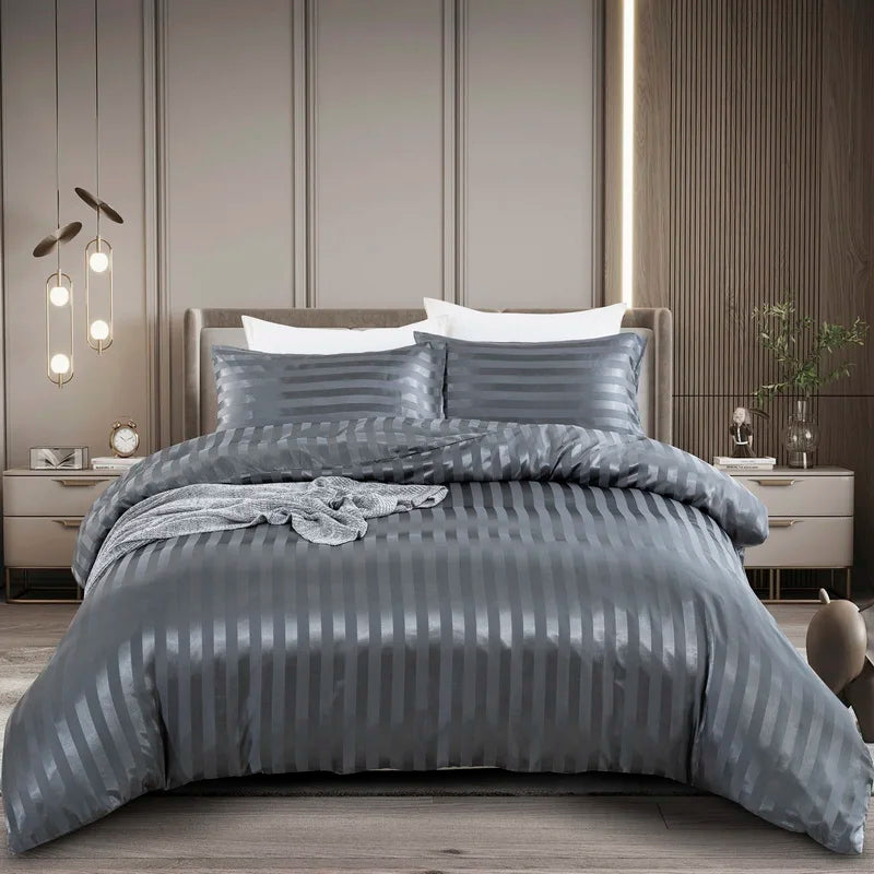 3 Pieces Satin Striped Duvet Cover Full/Queen Size Set,Luxury Silky Like Grey Stripe Duvet Cover Bedding Set with Zipper Closure
