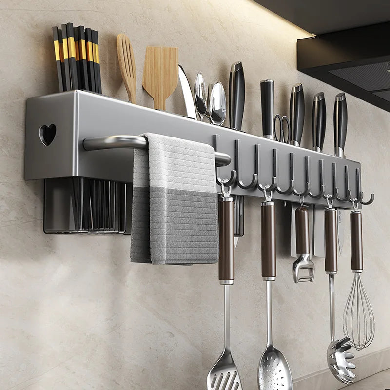 Grey 30/40cm Household Organizer Rack Wall Mounted Knife Holder Kitchen Storage Shelving Units Tableware Shelf With Towel Hanger
