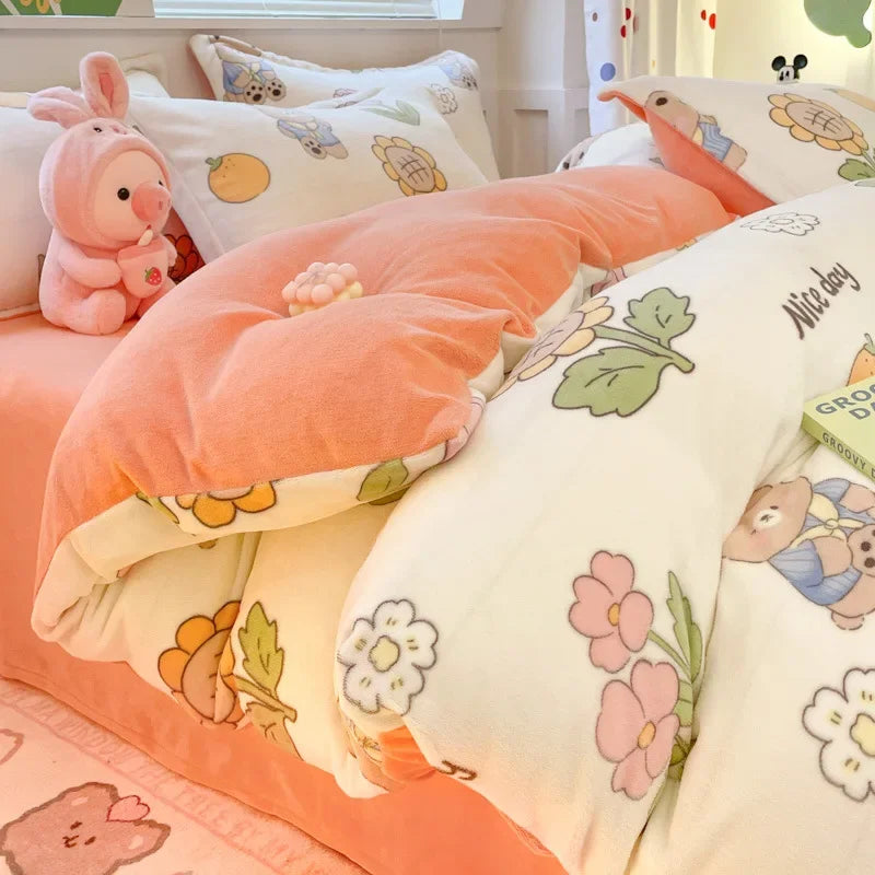 Winter Plush Warm Duvet Cover Set with Sheet Pillowcase Home Textiles Quilt Cover Double Bedding Set 4pcs Couple Bed Linens Set