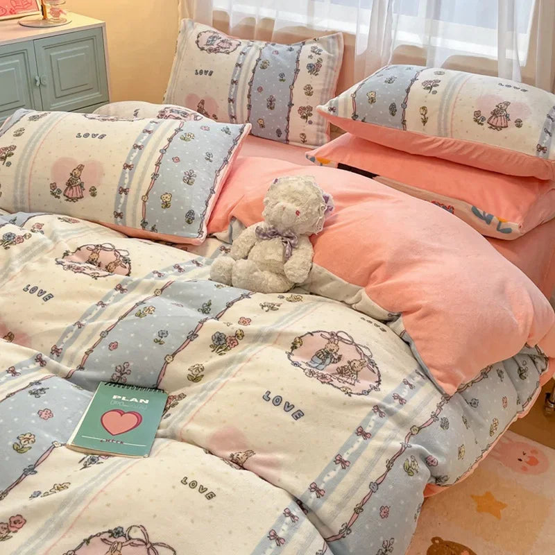 Autumn Winter Milk Velvet Kawaii Four-piece Bedding Set Thickened Warm Bed Sheet Duvet Quilt Cover Pillowcase King Bedroom Decor