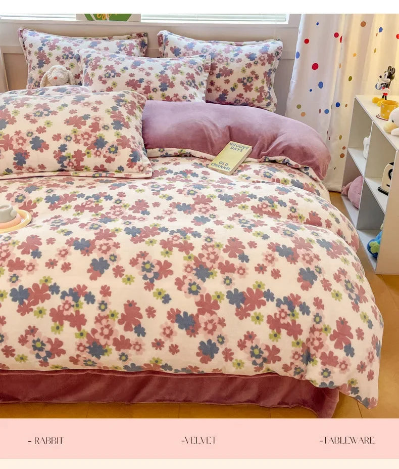 Winter Plush Warm Duvet Cover Set with Sheet Pillowcase Home Textiles Quilt Cover Double Bedding Set 4pcs Couple Bed Linens Set