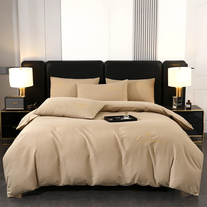 Embroidery Bedding Set High Quality Skin Friendly Quilt Cover Set Solid Color Bed Cover Set Single Double Queen Duvet Cover