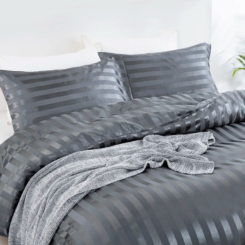 3 Pieces Satin Striped Duvet Cover Full/Queen Size Set,Luxury Silky Like Grey Stripe Duvet Cover Bedding Set with Zipper Closure