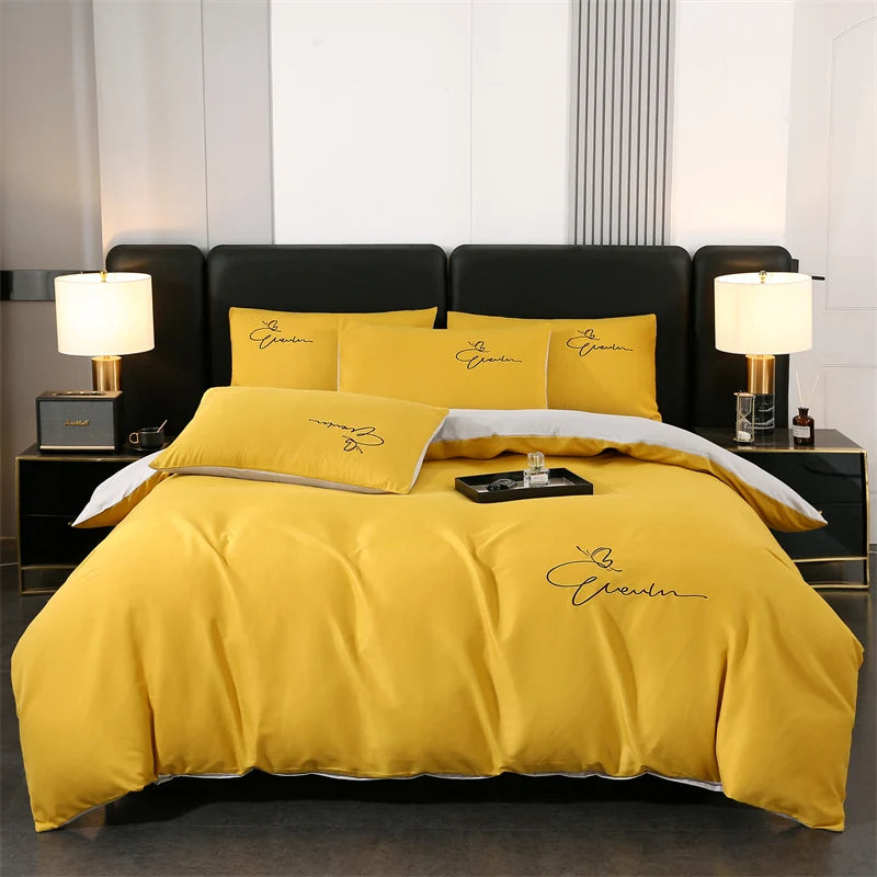 Embroidery Bedding Set High Quality Skin Friendly Quilt Cover Set Solid Color Bed Cover Set Single Double Queen Duvet Cover
