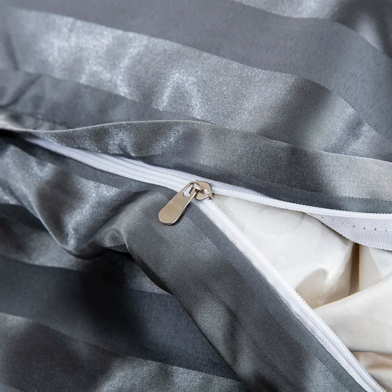 3 Pieces Satin Striped Duvet Cover Full/Queen Size Set,Luxury Silky Like Grey Stripe Duvet Cover Bedding Set with Zipper Closure