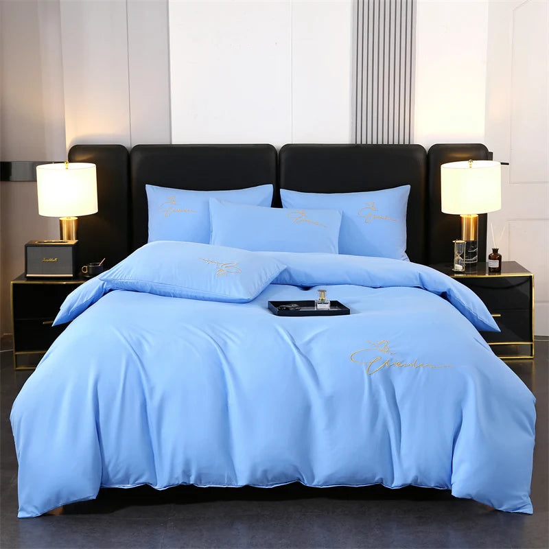 Embroidery Bedding Set High Quality Skin Friendly Quilt Cover Set Solid Color Bed Cover Set Single Double Queen Duvet Cover