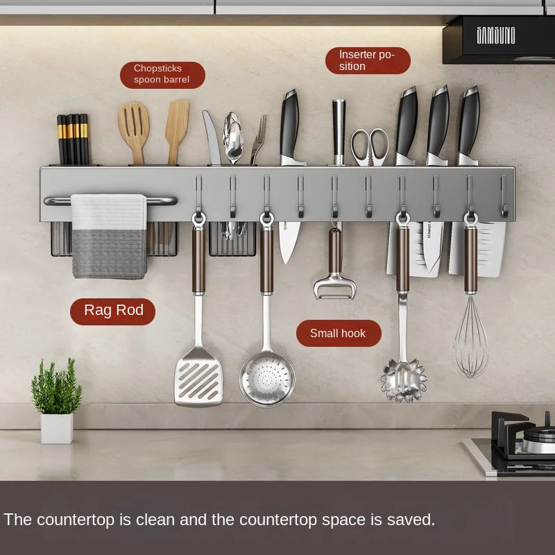 Grey 30/40cm Household Organizer Rack Wall Mounted Knife Holder Kitchen Storage Shelving Units Tableware Shelf With Towel Hanger