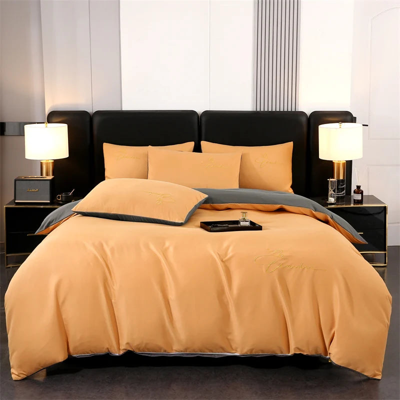 Embroidery Bedding Set High Quality Skin Friendly Quilt Cover Set Solid Color Bed Cover Set Single Double Queen Duvet Cover