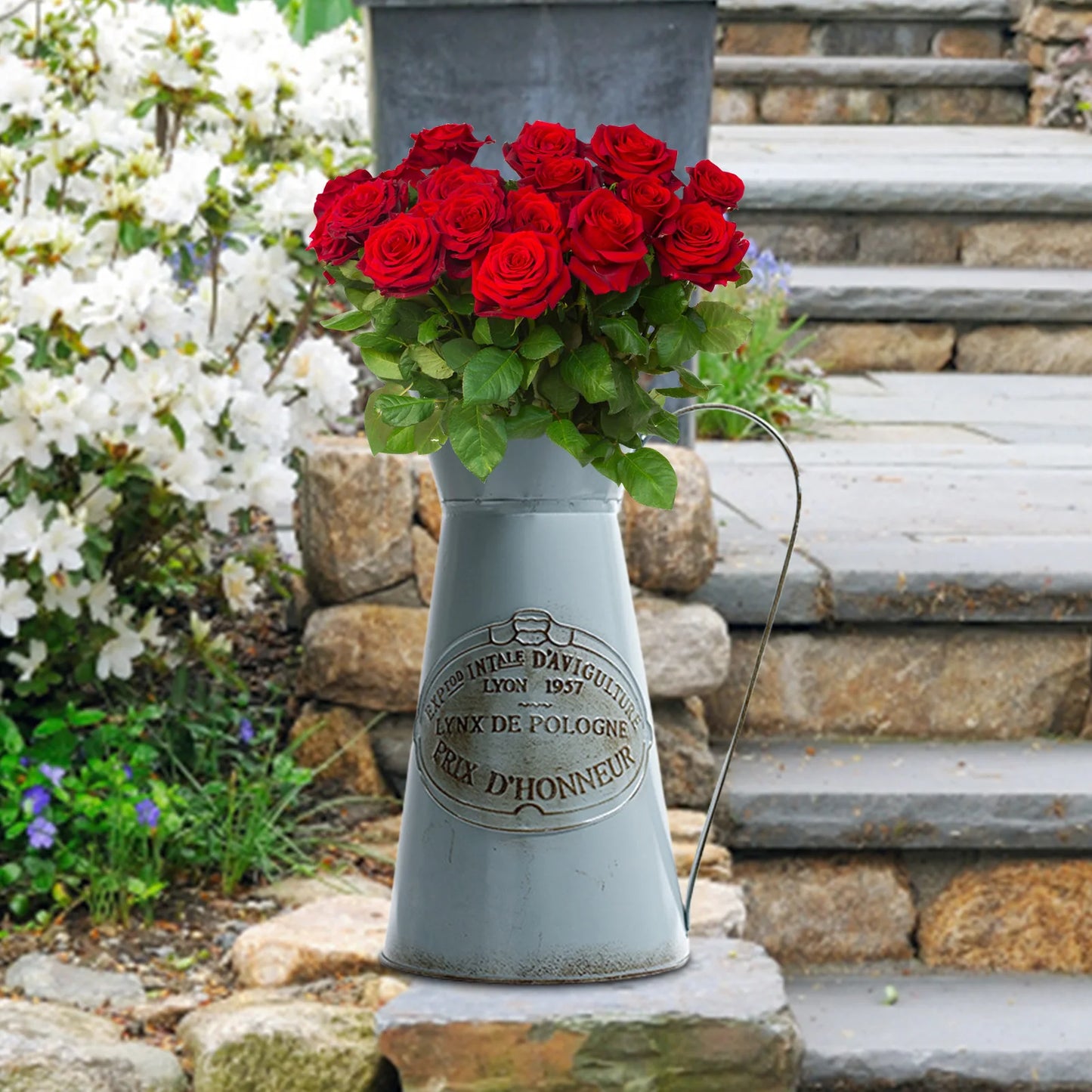 Retro Antique Metal Jug Vase Rustic Farmhouse Flower Pot with Handle for Living Room Garden Decor
