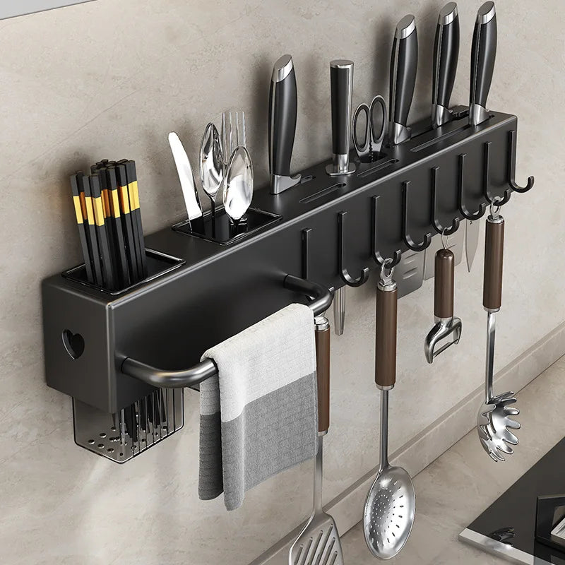 Grey 30/40cm Household Organizer Rack Wall Mounted Knife Holder Kitchen Storage Shelving Units Tableware Shelf With Towel Hanger