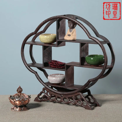 Delicate Solid Wooden Antique Display Frame Multi Patterns Shelf Chinese Style Storage Purple Clay Pot Tea Ornaments Home Decor