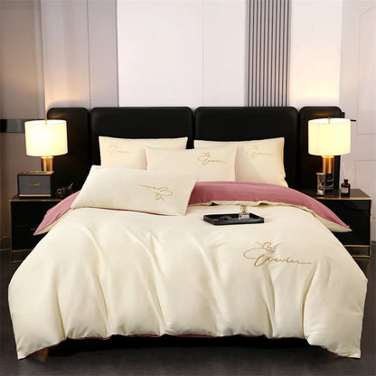 Embroidery Bedding Set High Quality Skin Friendly Quilt Cover Set Solid Color Bed Cover Set Single Double Queen Duvet Cover