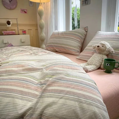 Ins Stripe Color Cotton Bedding Set Twin Full Queen Size Bed Linen Girls Adult Floral Bed Flat Sheet Pillowcase Cream Style